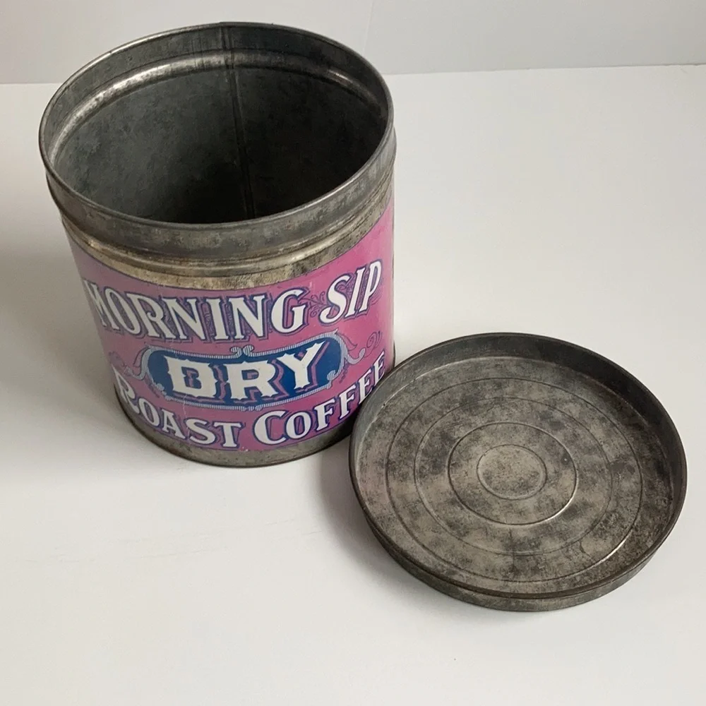 Coffee bar reproduction Morning Sip Dry Roast Coffee advertising tin with lid